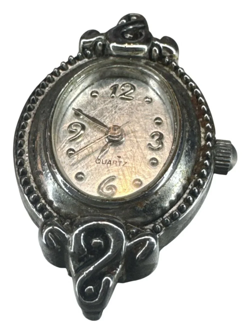 Vintage Quartz Watch Face With Ornate Silver-Tone Frame Stainless Steel Back Jap
